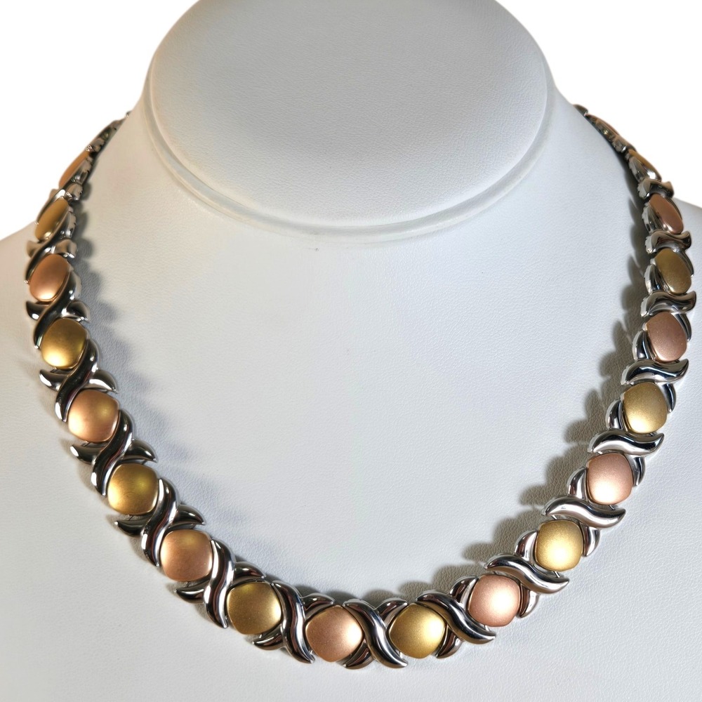 Hugs & Kisses X's And O's Stainless Tri-Color Necklace 17" Light Weight